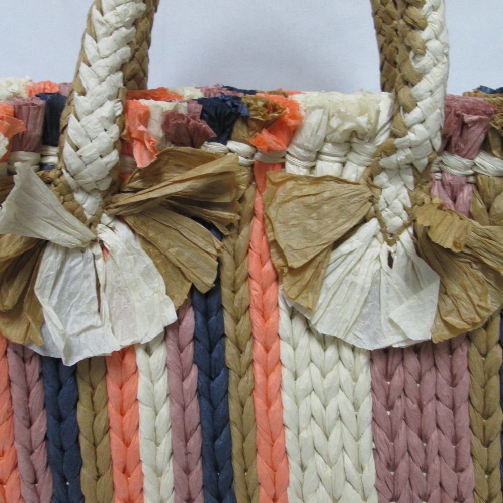 Vince Camuto Emei Woven Paper Satchel Tote Bag Purse removable strap striped NEW - Picture 12 of 14